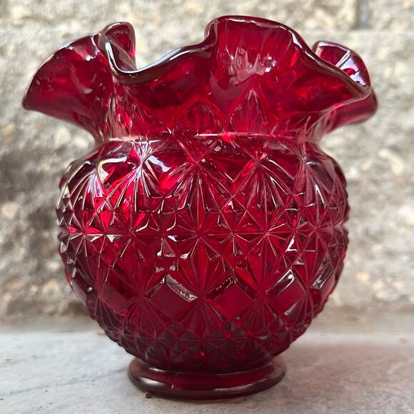 Fenton Ruby Red Diamond Star Pattern Ruffled Vase Glass Bowl 4.25” - Picture 1 of 5